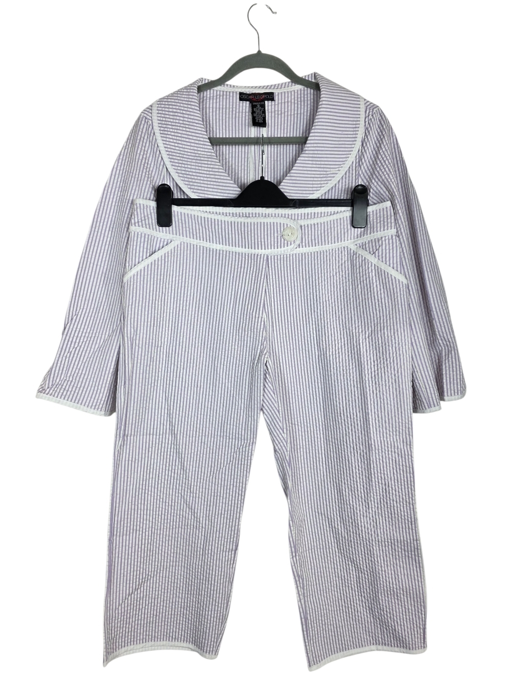 Oscar Leopold Two-Piece Seersucker Capri pant Set in Lavender Stripe